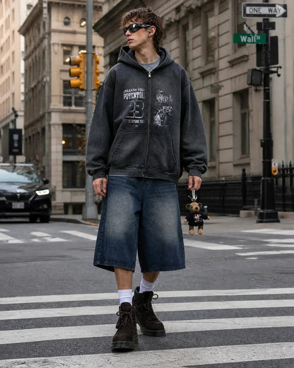 Graphic zip-up hoodie with hood, long sleeves and front pouch pockets