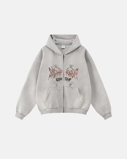 Unisex graphic zip-up hoodie with hood, long sleeves and kangaroo pockets