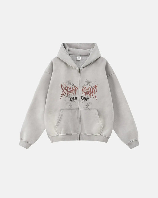 Unisex graphic zip-up hoodie with hood, long sleeves and kangaroo pockets