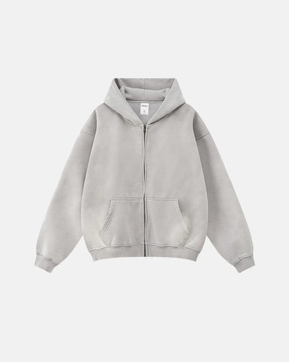 Unisex acid washed zip-up hoodie with hood, long sleeves and front pocket