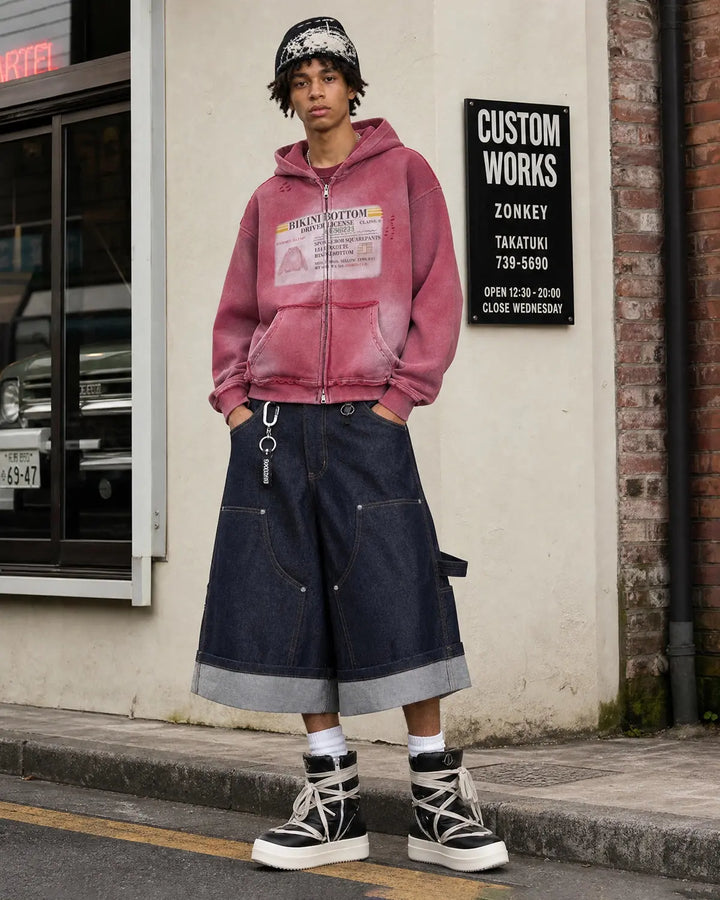 Unisex graphic zip-up hoodie with hood, printed chest design and front pockets