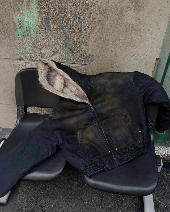 Men's acid wash bomber jacket with faux fur lining