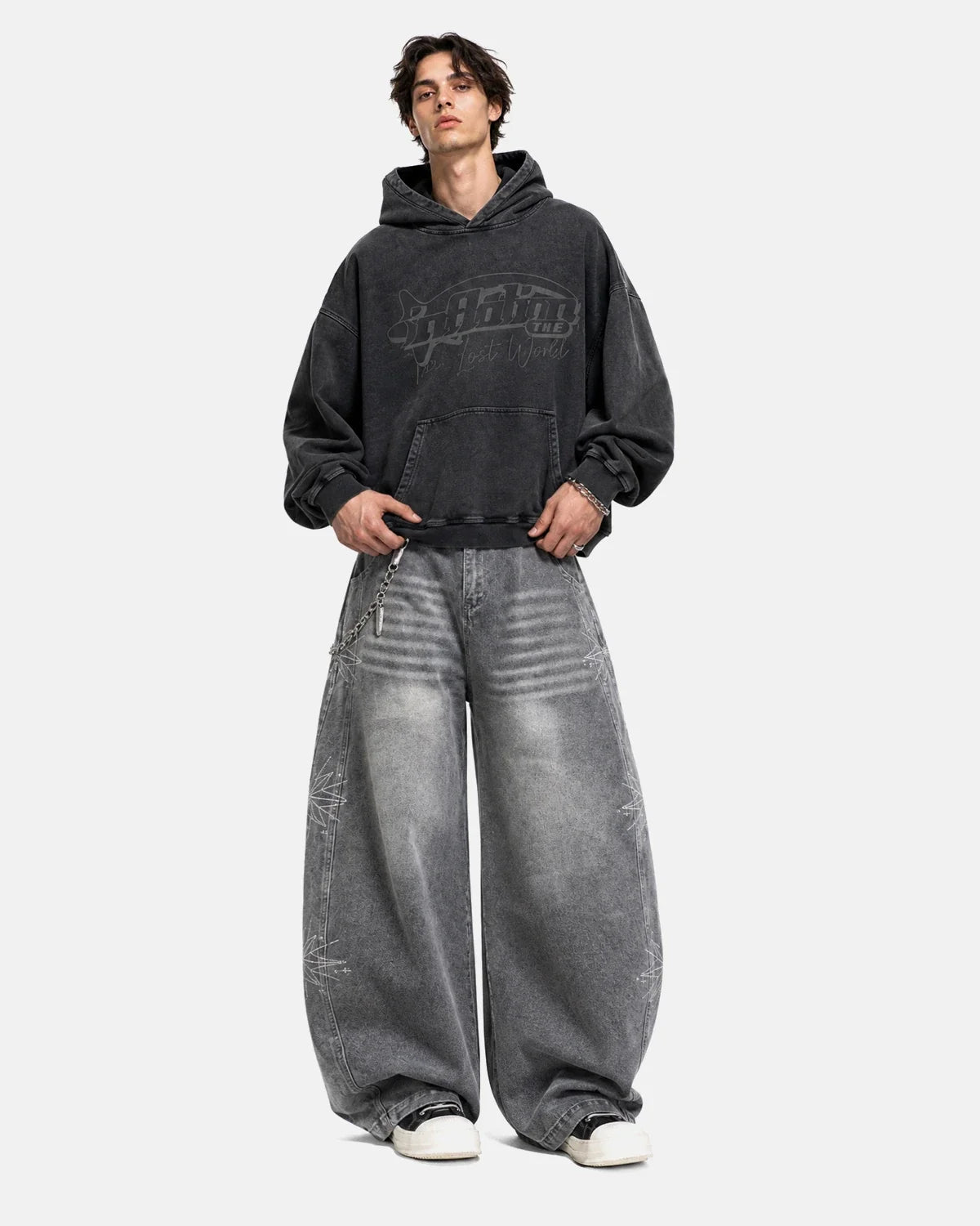Men's dark grey washed graphic pullover hoodie with hood and kangaroo pocket