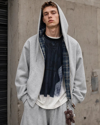 Grey reversible cropped hoodie with checked lining, hood and zip front