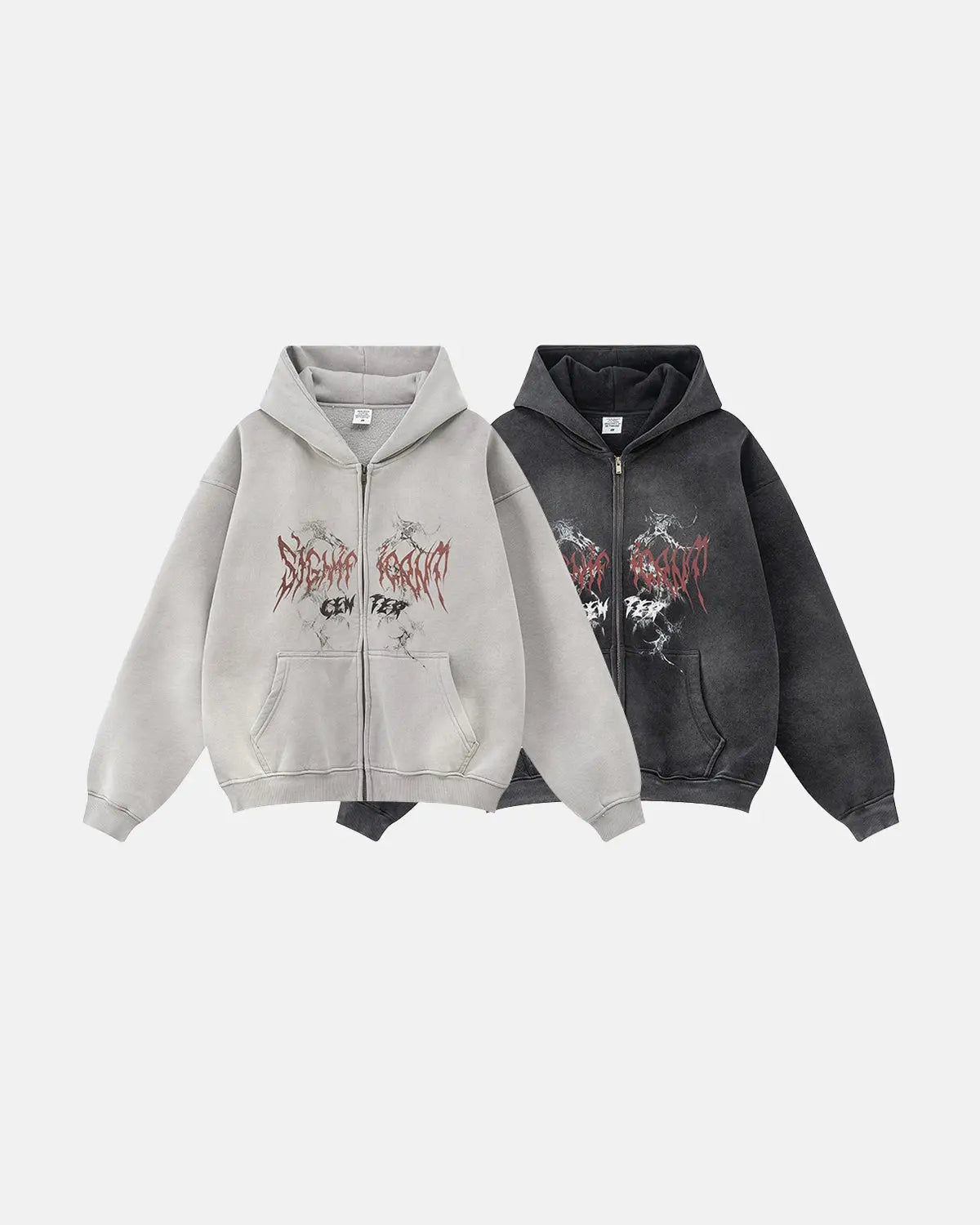 Unisex graphic zip-up hoodie with hood, long sleeves and kangaroo pockets