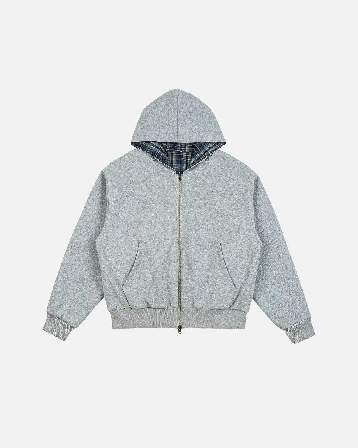 Grey reversible cropped hoodie with checked lining, hood and zip front