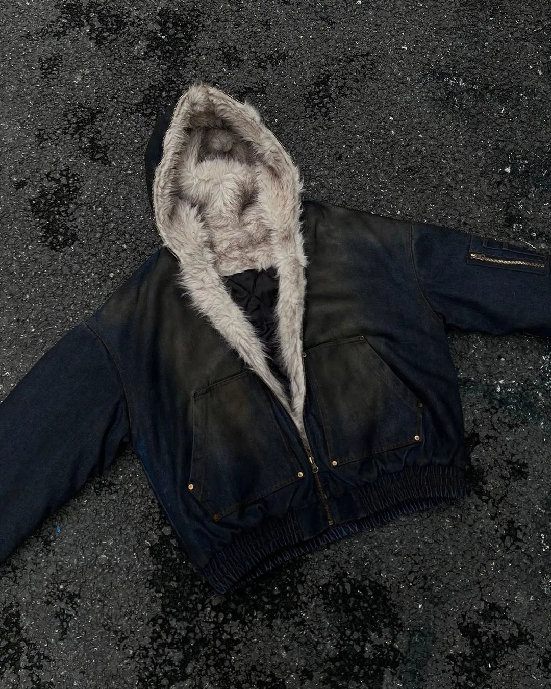 Men's acid wash bomber jacket with faux fur lining