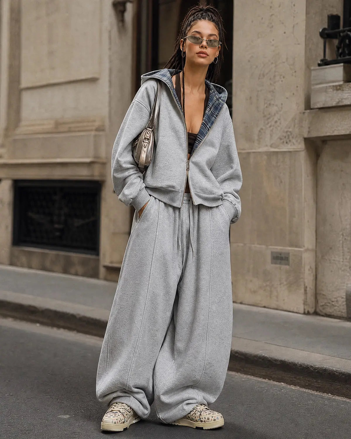 Grey reversible cropped hoodie with checked lining, hood and zip front