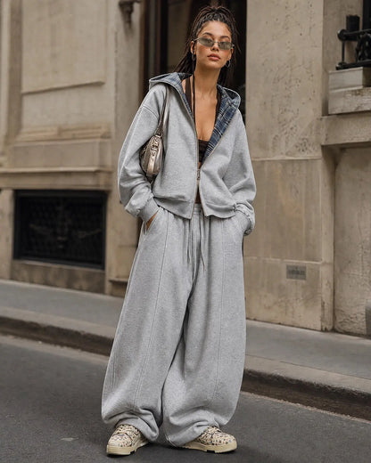 Grey reversible cropped hoodie with checked lining, hood and zip front