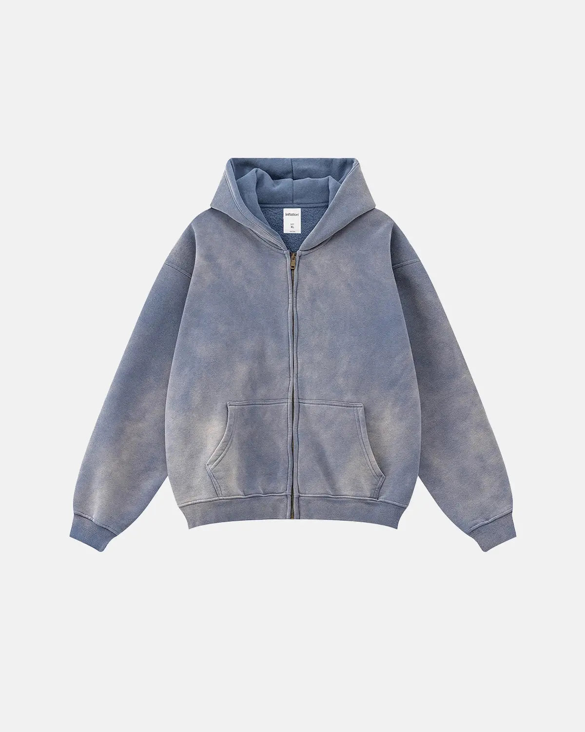 Unisex acid washed zip-up hoodie with hood, long sleeves and front pocket
