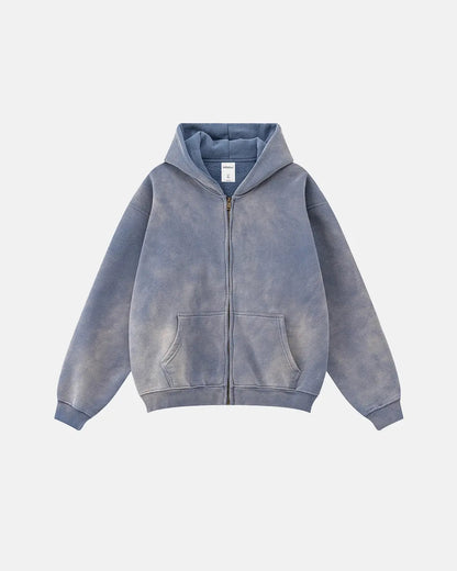 Unisex acid washed zip-up hoodie with hood, long sleeves and front pocket