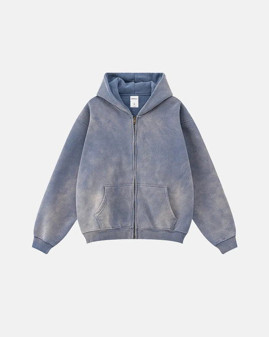 Unisex acid washed zip-up hoodie with hood, long sleeves and front pocket