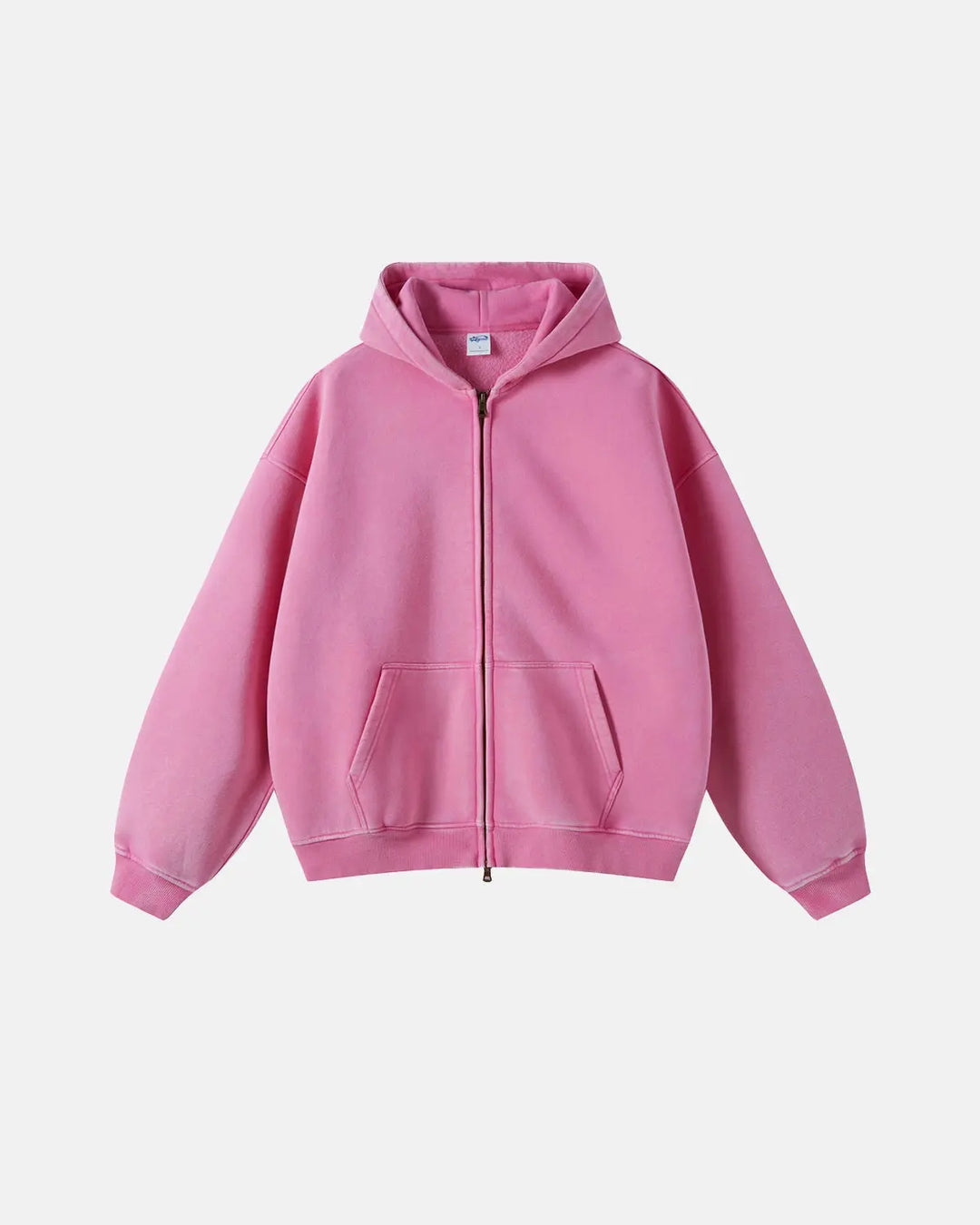 Washed distressed zip-up hoodie with drawstring hood and pouch pockets
