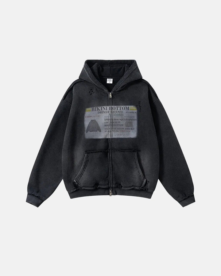 Unisex graphic zip-up hoodie with hood, printed chest design and front pockets