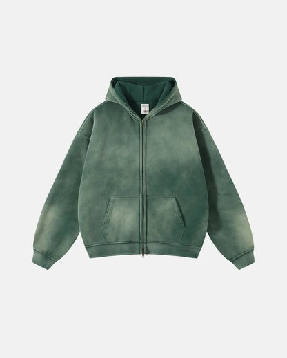 Acid washed zip-up hoodie with hood, long sleeves and front pockets