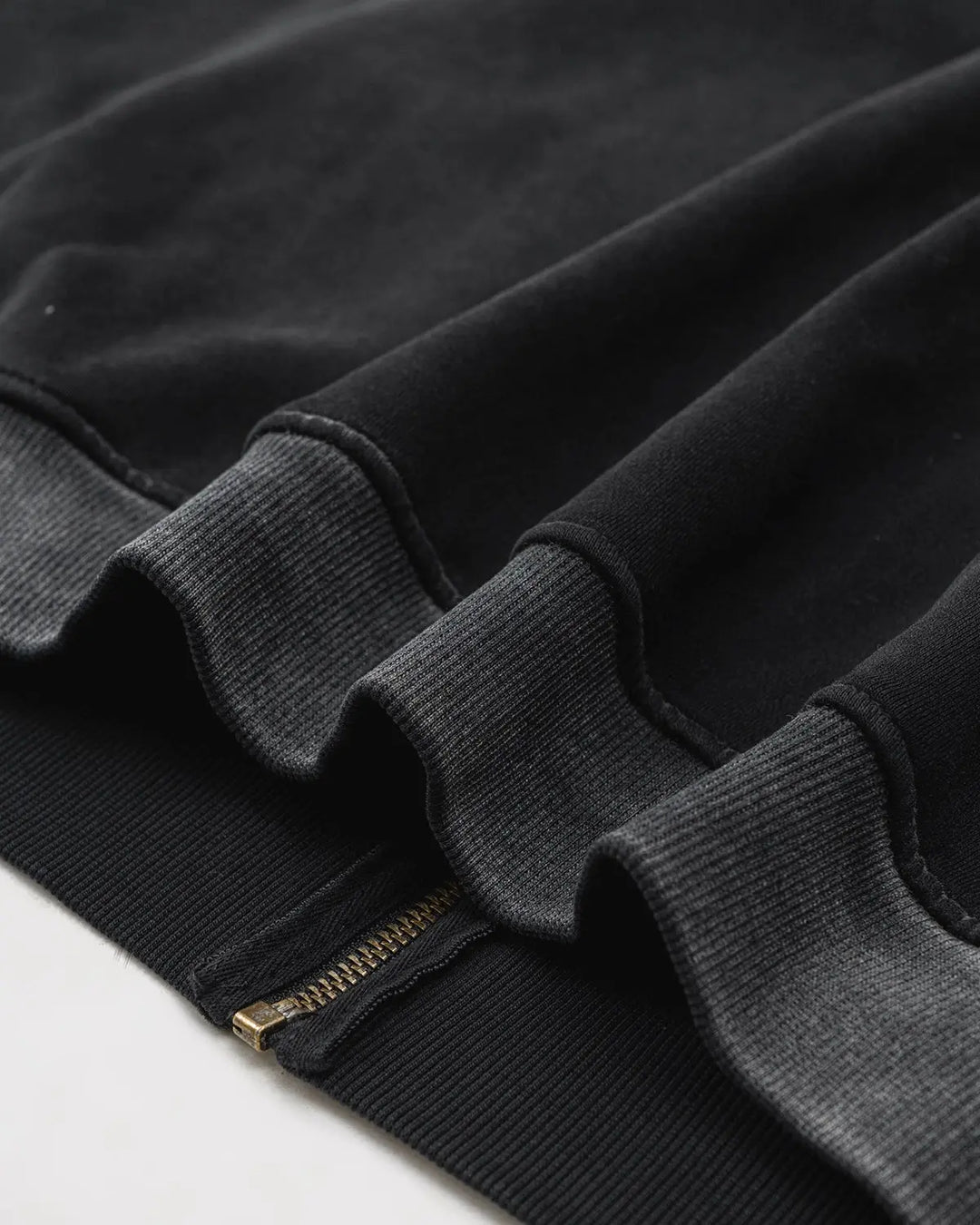 Black acid wash zip-up hoodie with white chest and sleeve stripes