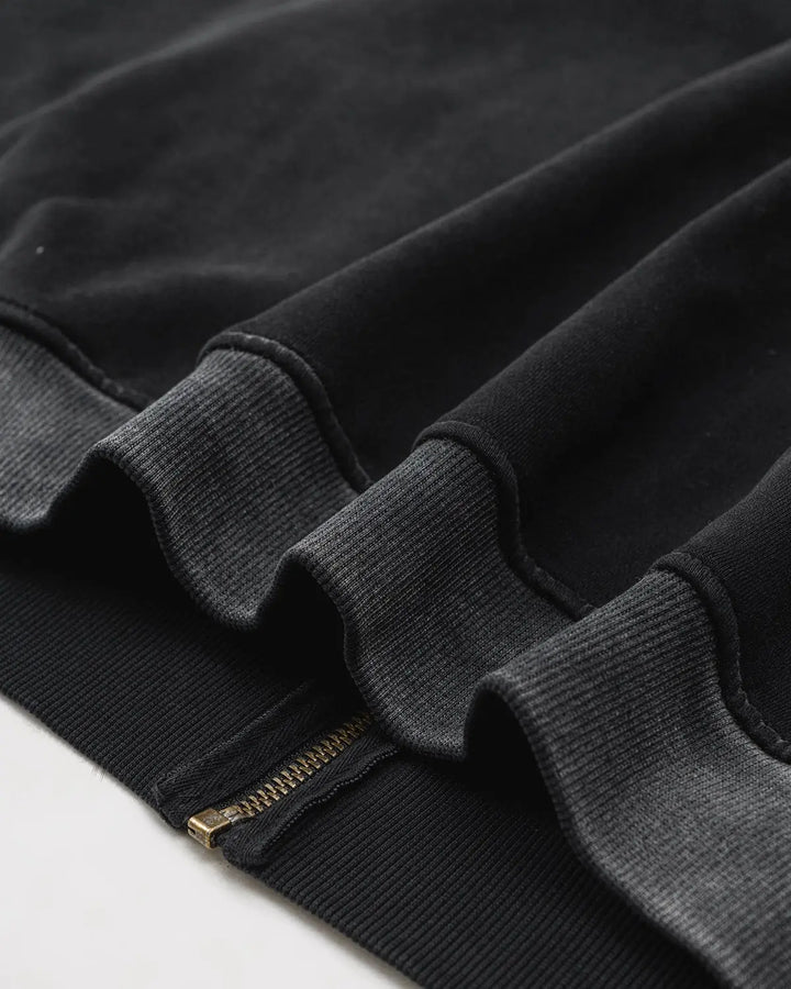 Black acid wash zip-up hoodie with white chest and sleeve stripes