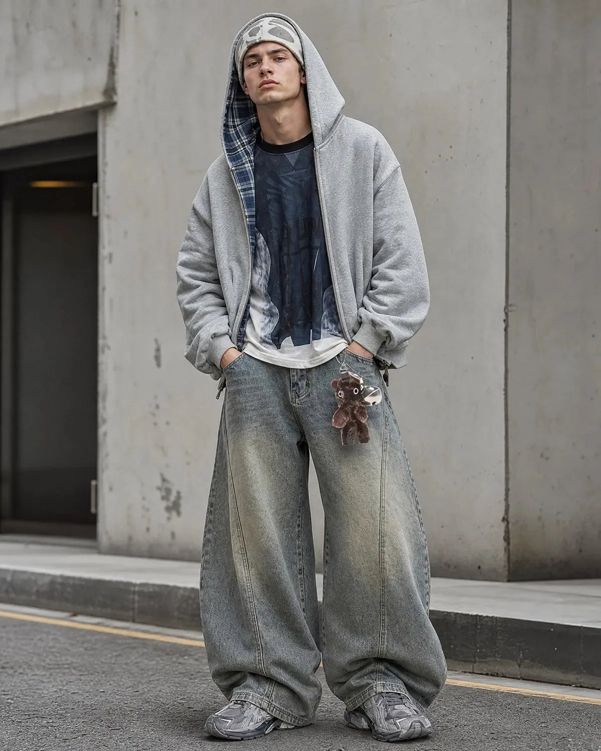 Grey reversible cropped hoodie with checked lining, hood and zip front