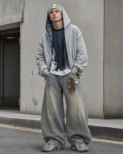 Grey reversible cropped hoodie with checked lining, hood and zip front