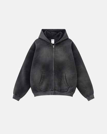 Unisex acid washed zip-up hoodie with hood, long sleeves and front pocket