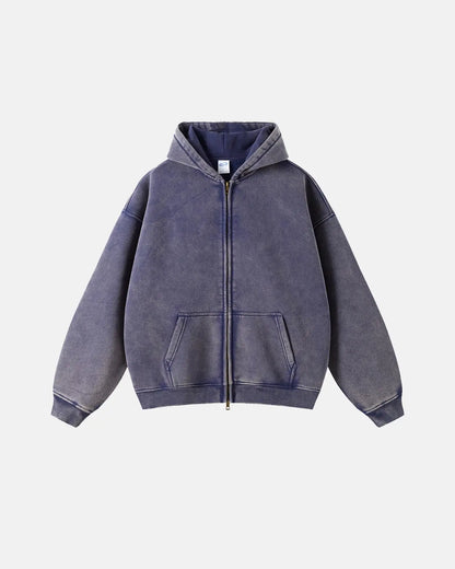 Washed distressed zip-up hoodie with drawstring hood and pouch pockets