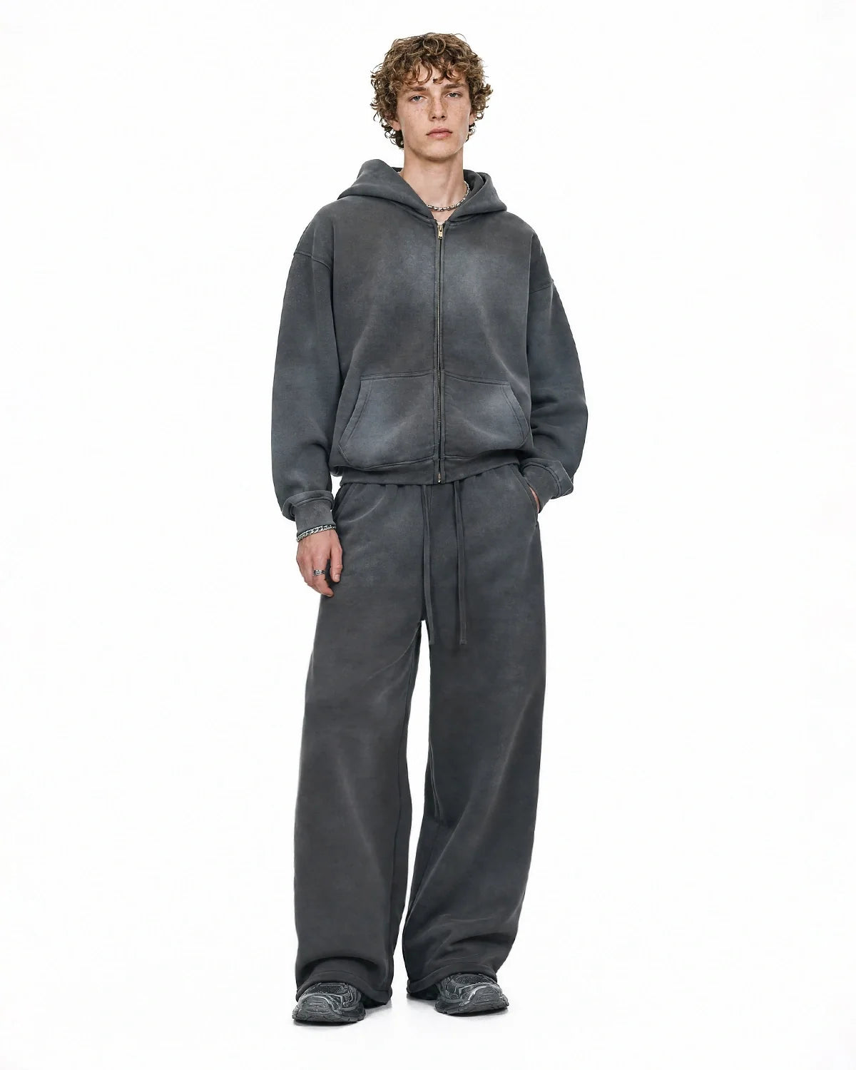 Unisex acid washed zip-up hoodie with hood, long sleeves and front pocket