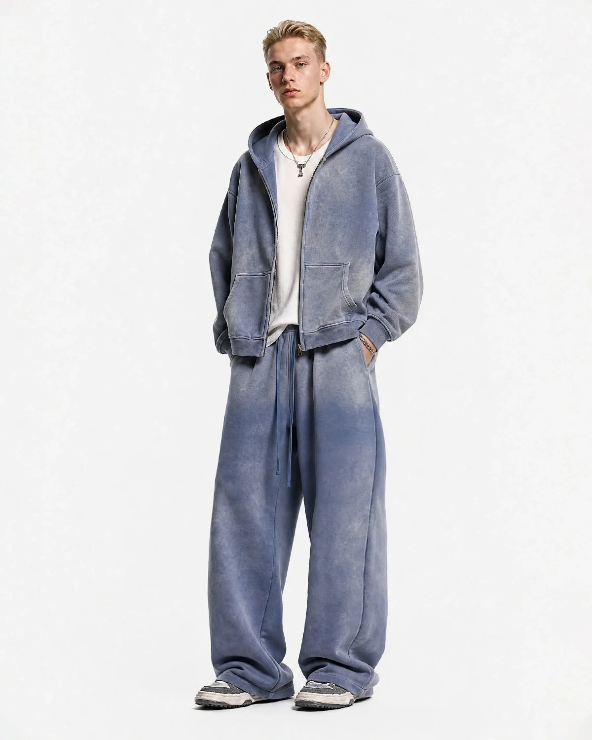 Unisex acid washed zip-up hoodie with hood, long sleeves and front pocket