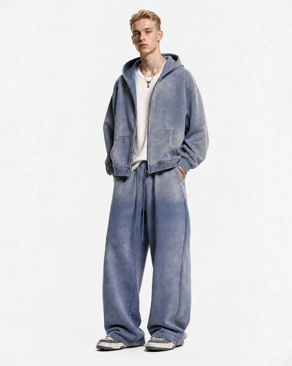 Unisex acid washed zip-up hoodie with hood, long sleeves and front pocket