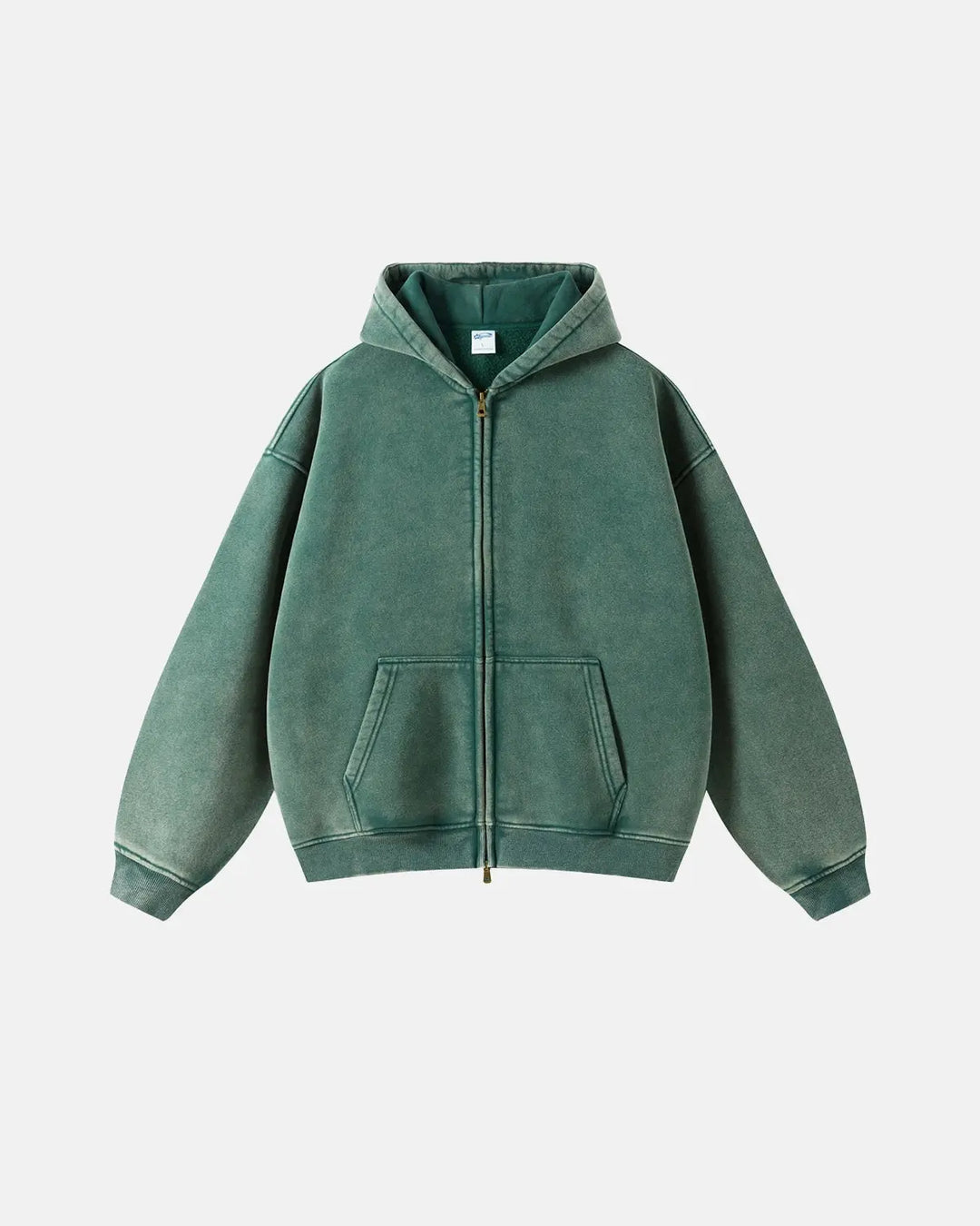 Washed distressed zip-up hoodie with drawstring hood and pouch pockets