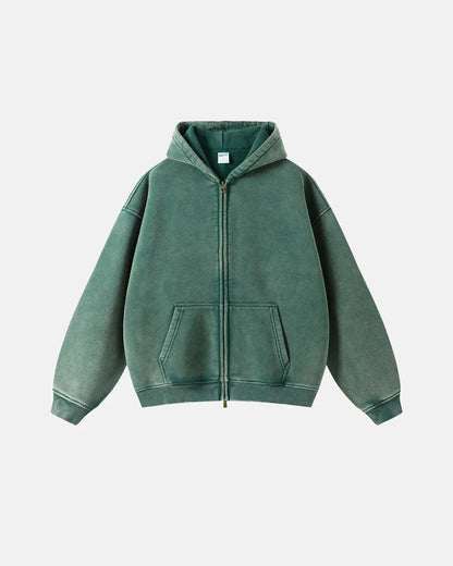 Washed distressed zip-up hoodie with drawstring hood and pouch pockets