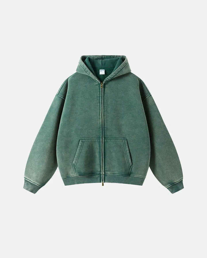 Washed distressed zip-up hoodie with drawstring hood and pouch pockets