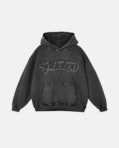 Men's dark grey washed graphic pullover hoodie with hood and kangaroo pocket