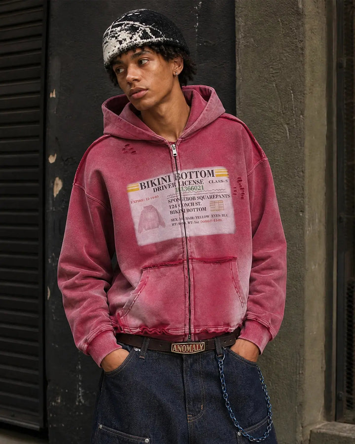 Unisex graphic zip-up hoodie with hood, printed chest design and front pockets