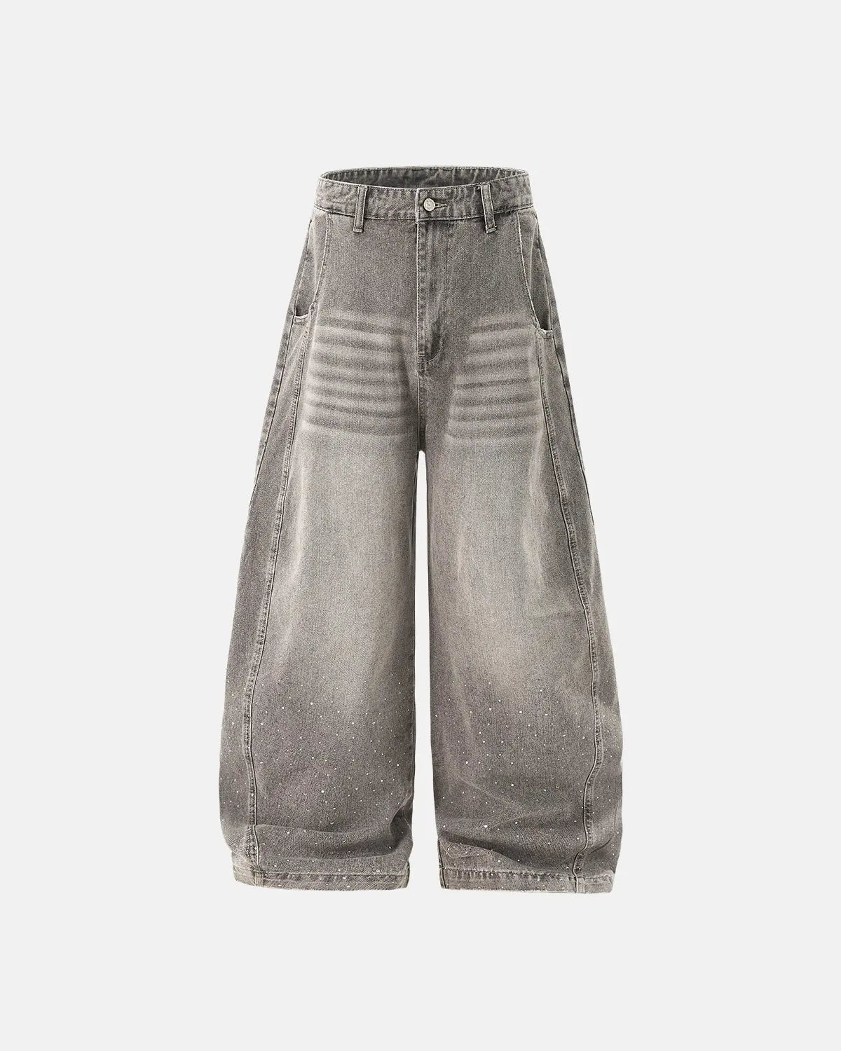 Light grey washed barrel-leg jeans with rhinestone embellishments