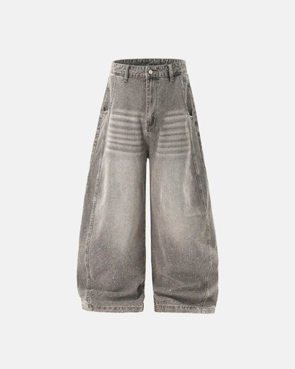 Light grey washed barrel-leg jeans with rhinestone embellishments