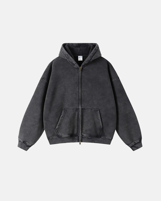 Men's washed zip hoodie shown in black and green