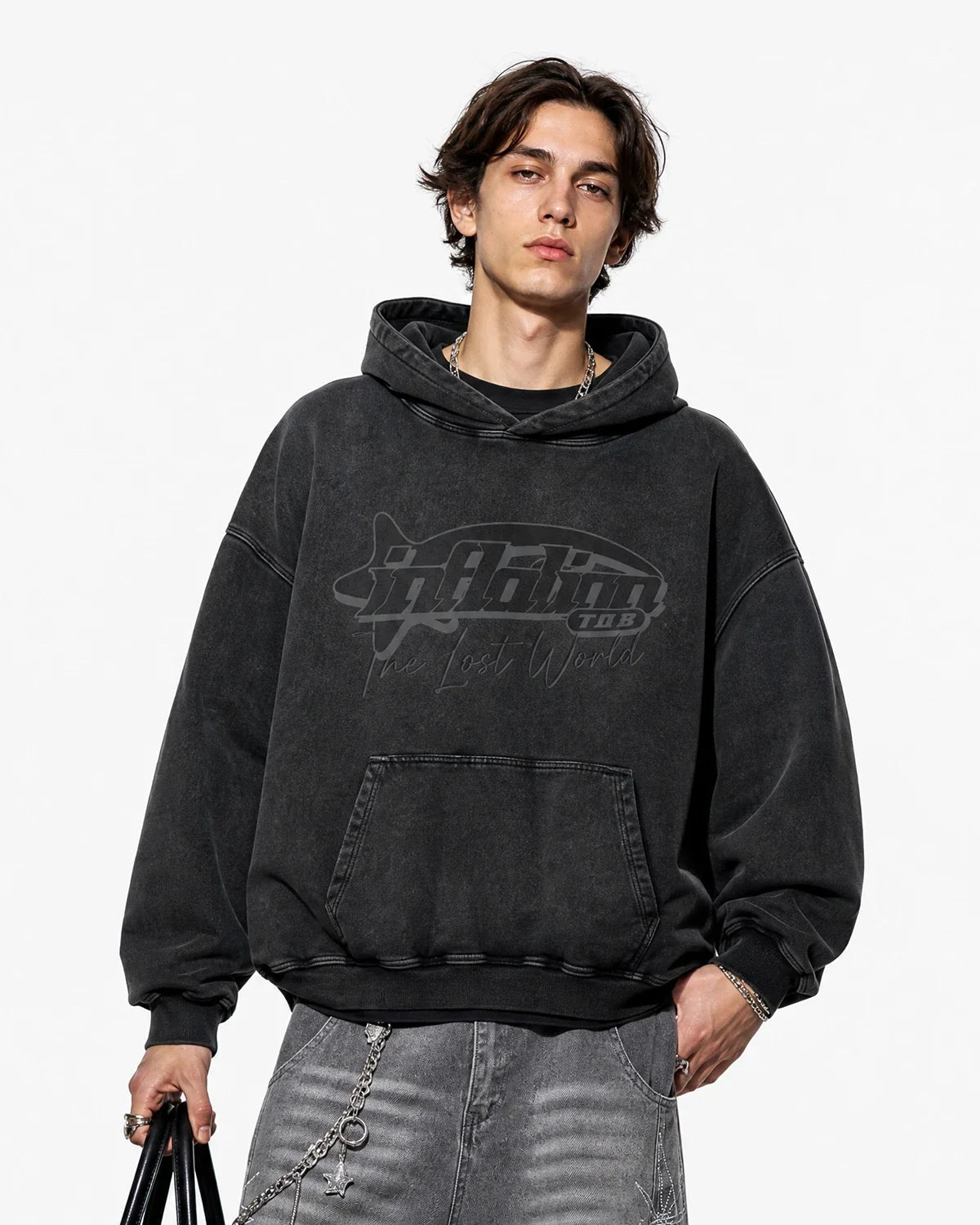 Men's dark grey washed graphic pullover hoodie with hood and kangaroo pocket