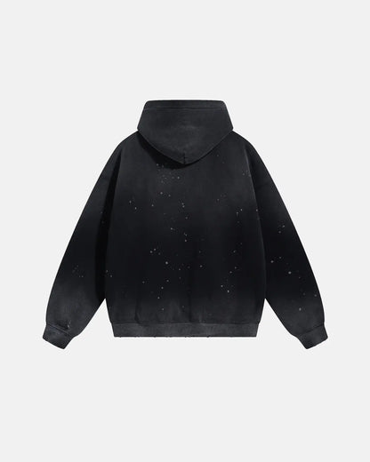 Unisex acid-washed hoodie with splatter detailing, long sleeves and kangaroo pocket