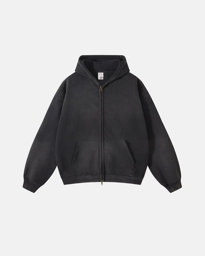 Acid washed zip-up hoodie with hood, long sleeves and front pockets