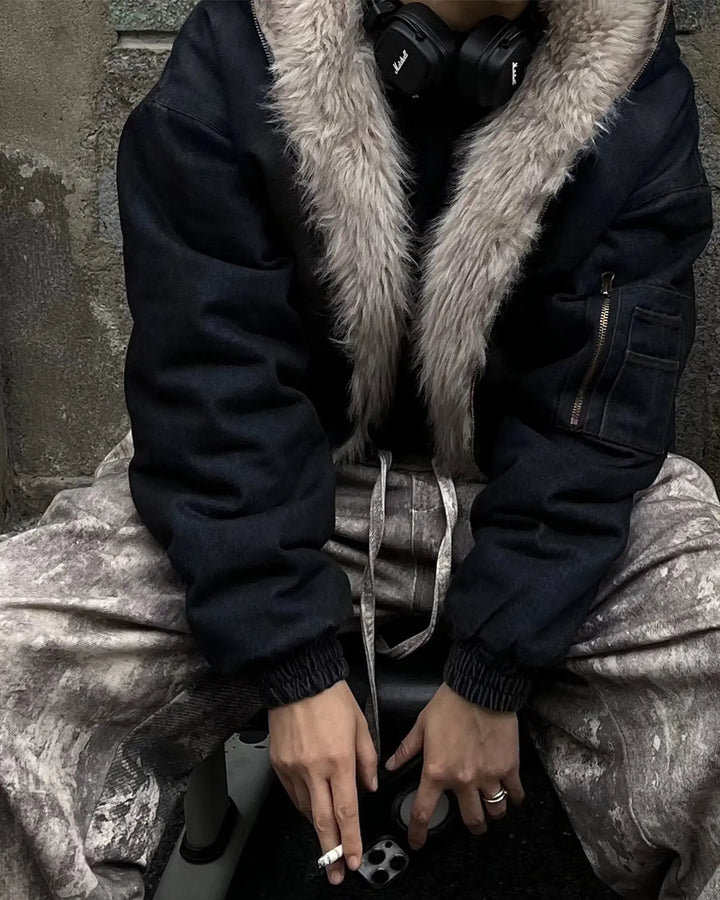 Men's acid wash bomber jacket with faux fur lining