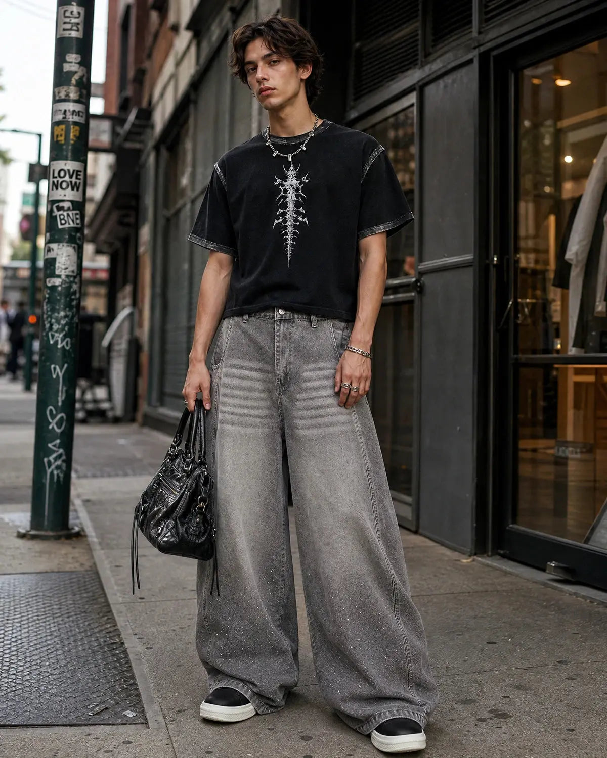 Light grey washed barrel-leg jeans with rhinestone embellishments