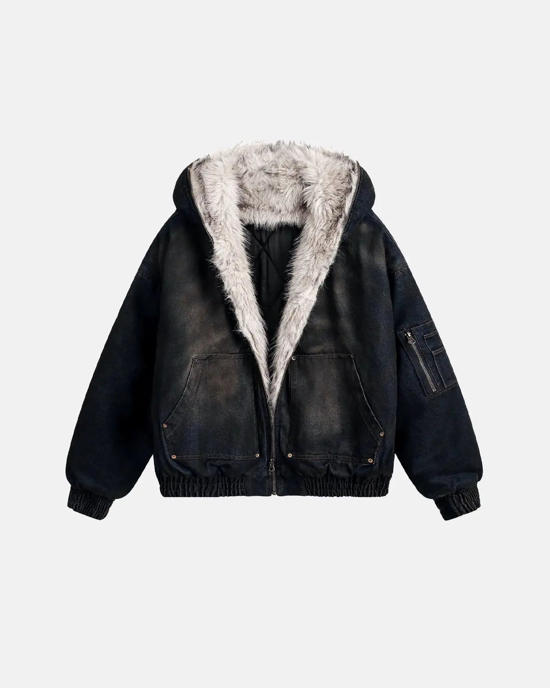 Men's acid wash bomber jacket with faux fur lining
