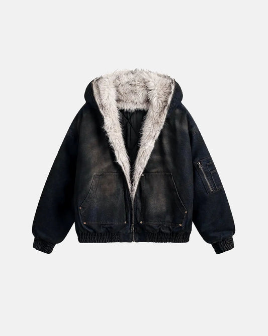 Men's acid wash bomber jacket with faux fur lining