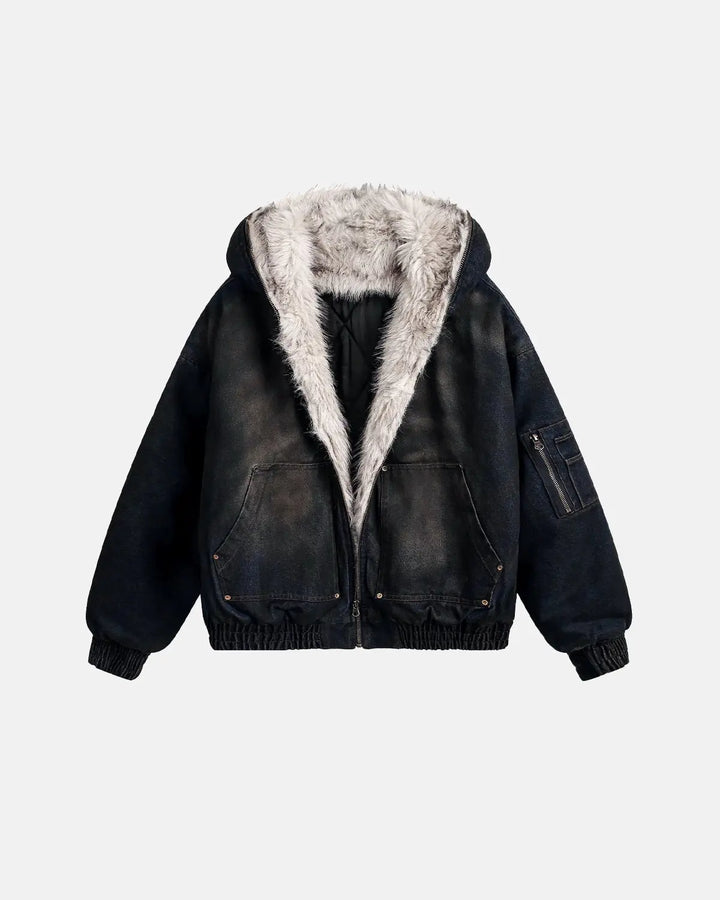 Men's acid wash bomber jacket with faux fur lining