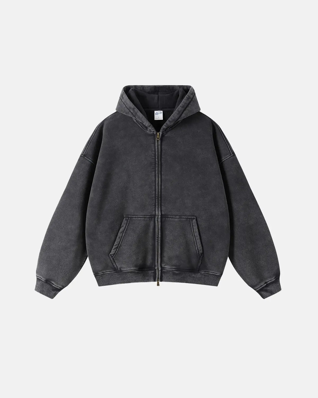 Washed distressed zip-up hoodie with drawstring hood and pouch pockets