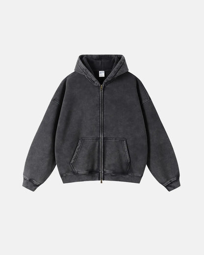 Washed distressed zip-up hoodie with drawstring hood and pouch pockets