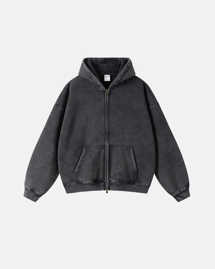 Washed distressed zip-up hoodie with drawstring hood and pouch pockets