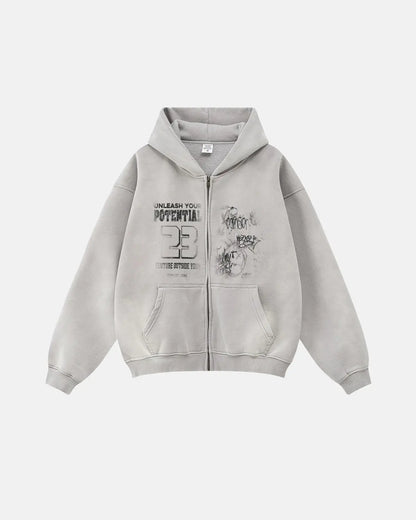 Graphic zip-up hoodie with hood, long sleeves and front pouch pockets