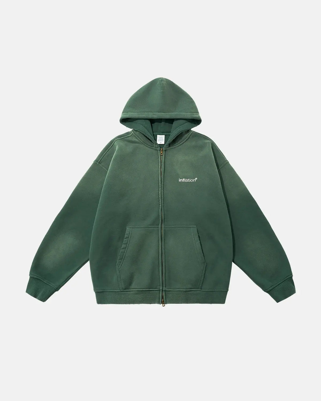Green unisex zip-up hoodie with hood, long sleeves and front pouch pockets
