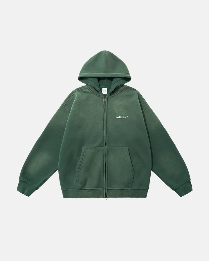 Green unisex zip-up hoodie with hood, long sleeves and front pouch pockets